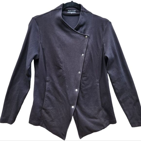 Eileen Fisher -975 Asymmetric‎ Rib Snap Sweater Moto Jacket Organic Cotton Small - Picture 1 of 11